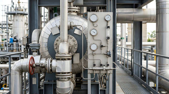 industrial shell and tube heat exchanger with pressure gauges and process instrumentation inside chemical refinery and energy processing plant