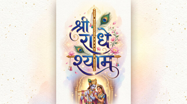 Shri Radhe Shyam Typography with Flute and Divine Couple for Spiritual Greeting Design