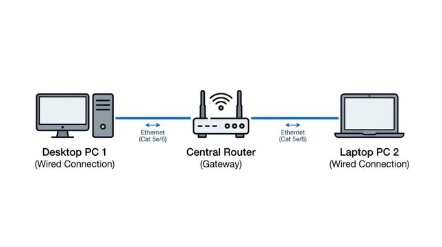 Simple network diagram showing wired desktop and laptop connected to central router