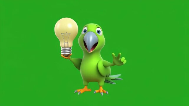 Green Parrot Holding Lightbulb Animated With Idea Concept On Chroma Key Background