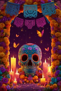Day of the Dead Altar with Sugar Skull and Marigolds