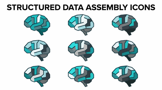 Flat Vector Brain Icon Set Comprised of Interlocking Polygonal Blocks in Teal, Gray, and White, Representing Structured Data Assembly and Intelligence Concepts