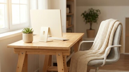 Fototapeta premium Cozy Home Office Workspace with Computer and Plant by Window