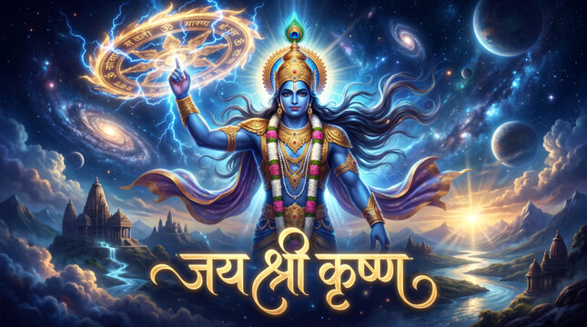 Cosmic Lord Krishna Holding Sudarshan Chakra for Spiritual Festival Greeting Design