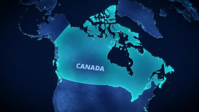 3D digital globe map highlighting Canada with glowing cyan borders and text, futuristic holographic cartography for corporate presentation backgrounds and broadcast news graphics.

