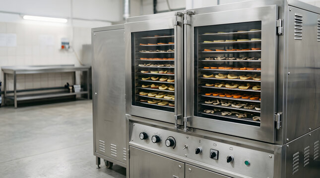 commercial stainless steel food dehydrator machine drying fruits vegetables mushrooms and healthy snack products inside modern food processing facility