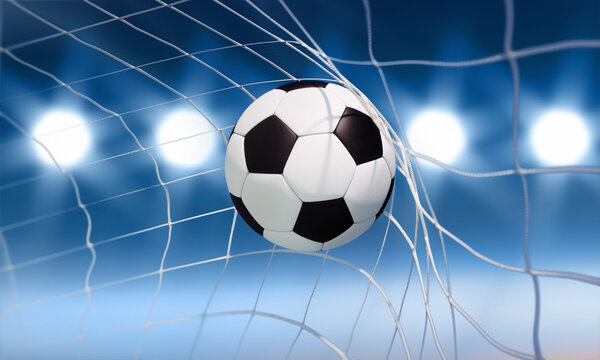 Black and white soccer ball in goal net with blue background  and flood light rays - 3D illustration