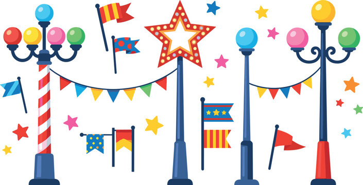 Amusement Park Circus Lamppost Vector Set with Colorful Carnival Vintage Light Poles Marquee Star Pennant Bunting Garland and Festive Celebration Flags