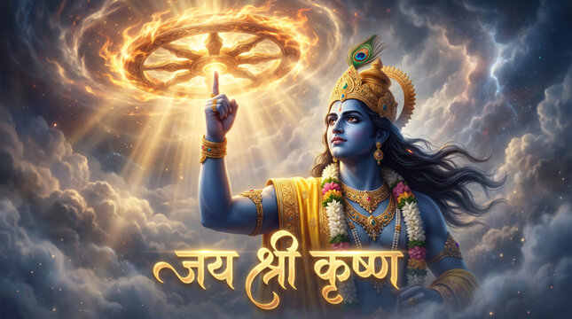 Lord Krishna Holding Sudarshan Chakra in Divine Clouds for Spiritual Greeting Design