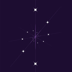 Fototapeta premium Sparkling starburst and geometric lines in white and purple on deep purple background, 87 characters