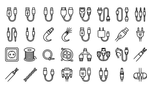 Wire and Cable Outline Icon Set Editable Stroke Black and White Vector Collection