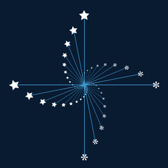 Fototapeta premium Swirling blue lines with white stars and snowflakes on dark background, compass rose effect