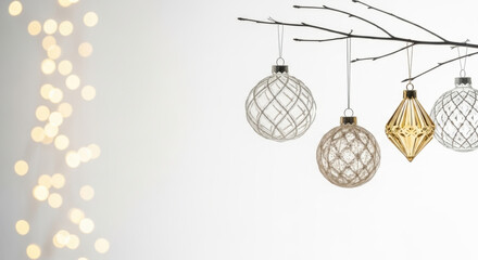 Obraz premium Elegant christmas tree ornaments hanging from thin wooden branches decorated with glowing festive golden bokeh lights on soft blurred white background.
