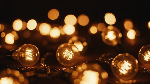 Warm glowing string lights with soft bokeh effect creating a peaceful ambiance in dim lighting