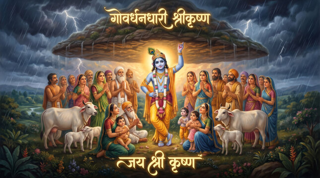 Lord Krishna lifting Govardhan Hill protecting devotees and cows during storm for Janmashtami devotional festival banner