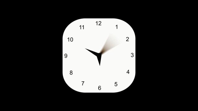 Minimal clock with black numbers and hands showing time passing with motion blur animation