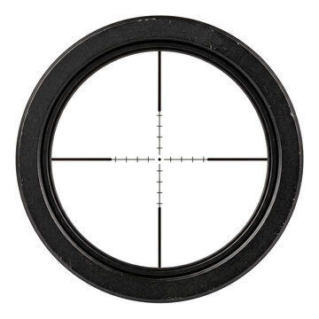 Detailed black circular rifle scope reticle sight on transparent background