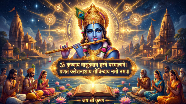 Lord Krishna Teaching Sacred Wisdom with Devotees for Spiritual Religious Artwork Design