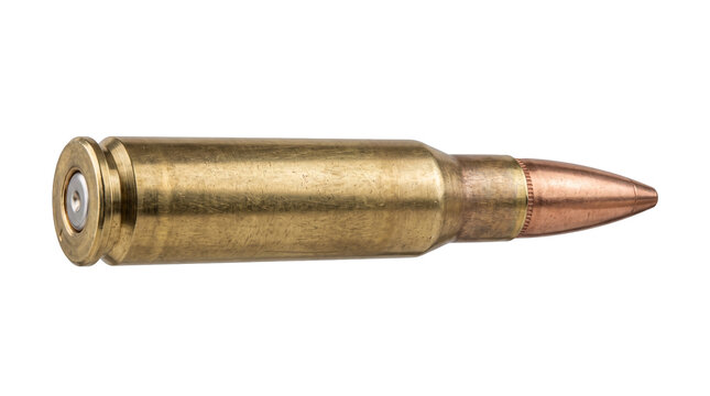 Single metallic brass rifle ammunition cartridge isolated on transparent background