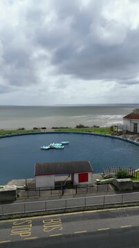 Aerial Footage of British Tourist Attraction at Ramsgate Beach and Ocean City at West Cliffs Kent, England, United Kingdom. Drone Camera Footage Was Captured on April 21st, 2024