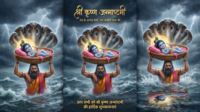 Baby Lord Krishna in divine basket protected by Sheshnag during stormy Yamuna crossing for Janmashtami devotional artwork