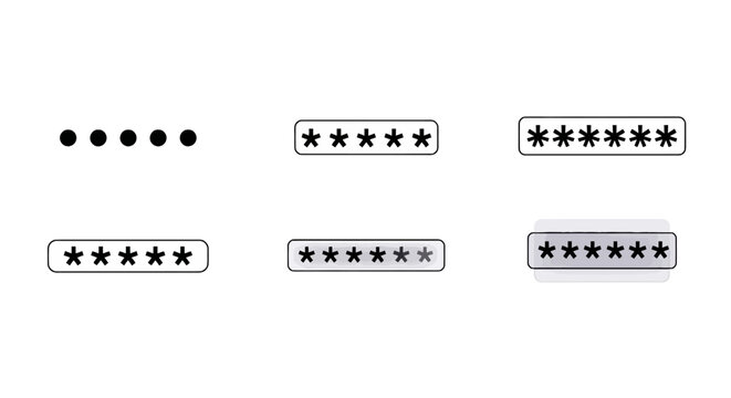 Set of password input fields with dots and asterisks icons