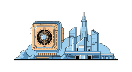Futuristic cityscape with digital navigation compass interface © dendi