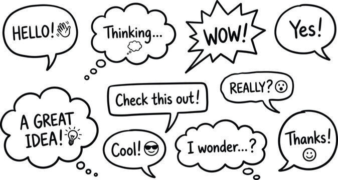 Hand-Drawn-Speech Bubble Doodle Set With Comic Text Elements and Cartoon Conversation Clouds Vector Collection