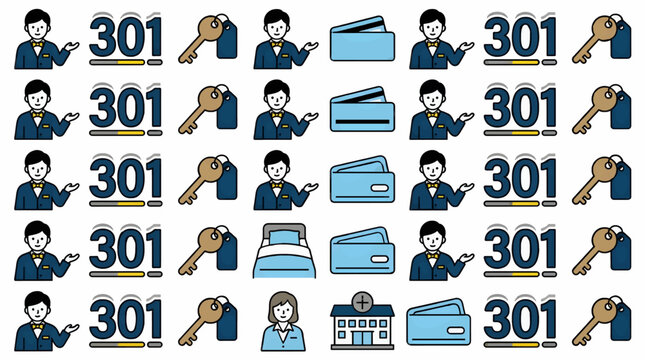 Flat Vector Icons of Hotel Concierge, Room Key, Credit Card, Bed, and Building, Repeating Pattern with Room Number 301, Blue and Yellow Color Scheme, Graphic Resource Set