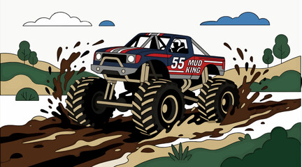 Flat Vector Illustration of a Blue and Red Monster Truck Driving Through Muddy Terrain, Splashing Brown Water, with "Mud King 55" Text on the Side, Against a Stylized Green Landscape and White Sky © Laila