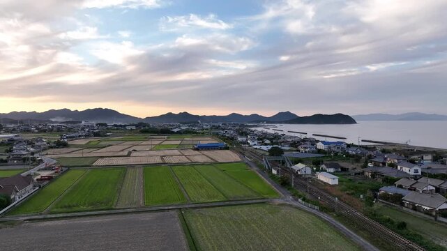 Aerial View of Sanuki-Aioi Station at Sunset on the Kotoku Line, Kagawa, Japan