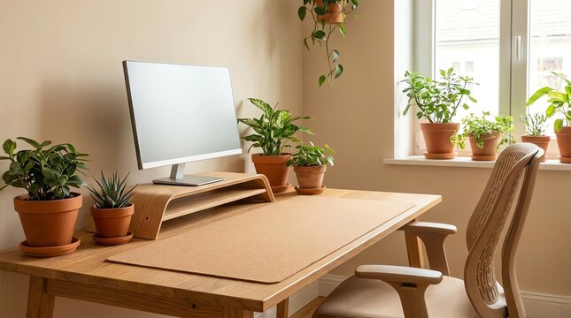 Modern home office desk with computer monitor and plants, natural light from window
