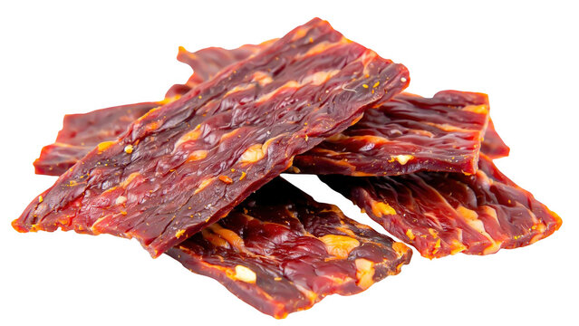 A small pile of spicy beef jerky strips stacked together for a delicious snack isolated on transparent background