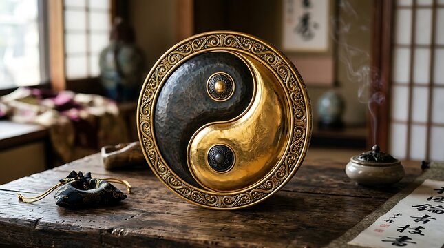 Ornate Yin Yang Emblem Displayed on Rustic Wooden Table in Traditional Asian Interior