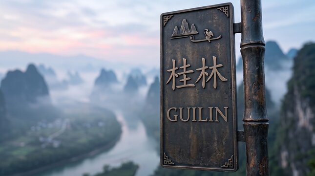 Guilin Sign Overlooking Karst Mountains and Li River