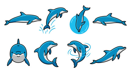 Fototapeta premium Set of cute cartoon dolphins in various poses and swimming actions isolated on white background.