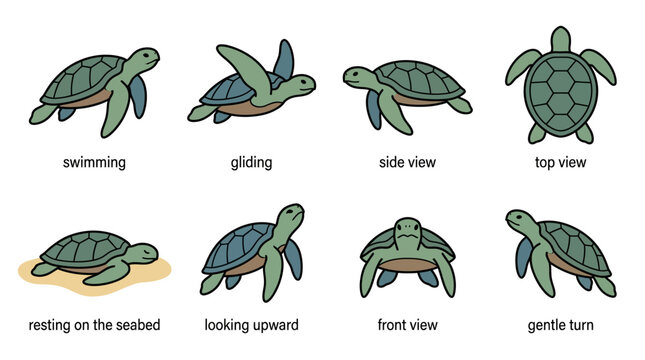 Set of sea turtle illustrations showing various swimming and resting poses in a flat vector style.