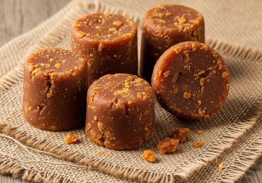 Traditional Palm Sugar Blocks or Jaggery on Burlap Fabric Background for Cooking and Baking Ingredients