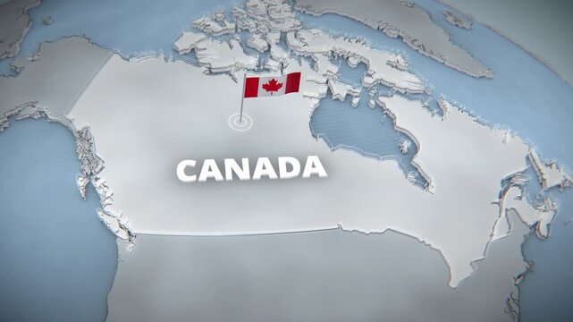 3D globe map highlighting Canada with a waving flag pin and pulsating marker, silver metallic continents on blue ocean, horizontal broadcast news graphic or corporate presentation background.
