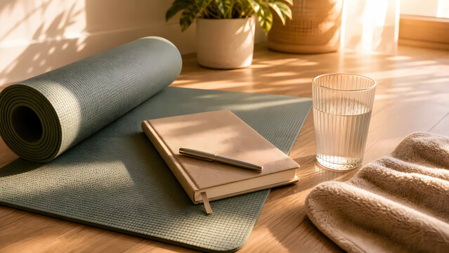 Morning wellness routine with yoga mat journal and water glass