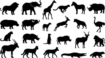 Obraz premium African safari wildlife animals black silhouettes collection isolated on white background for design elements