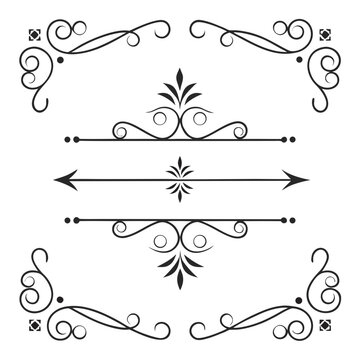Intricate flourish corners and decorative arrow dividers for elegant invitation design vintage scroll frame elements and floral ornaments for wedding stationery and classic page border decoration.