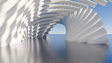 Fototapeta premium Abstract 3D render of white curved spiral tube structures forming a tunnel on reflective floor with blue sky background