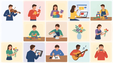 Fototapeta premium Flat Vector Icons of People Enjoying Creative Hobbies: Playing Violin, Puzzles, Digital Art, Flowers, Building Blocks, Coffee, Calligraphy, Guitar, Harmonica