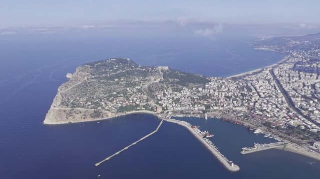 Drone Flight Over Alanya Castle and Historic Seljuk Shipyard with Mediterranean Coastline, Antalya,