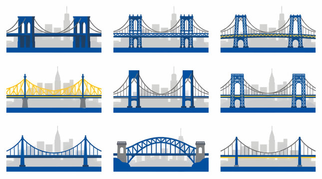 Flat Vector Icons of Famous New York City Bridges, Including Brooklyn Bridge and Manhattan Bridge, with City Skyline Silhouette, Blue and Yellow Color Scheme