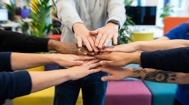 Diverse team hands stacked together showing unity and collaboration in modern office