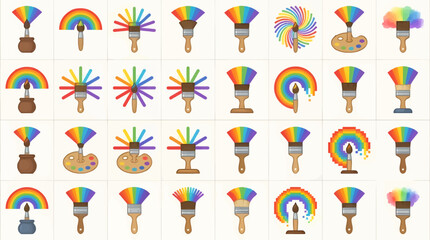 Fototapeta premium Flat Design Icons Set of Paintbrushes Creating Rainbows and Art, Vector Illustration with Diverse Styles and Concepts, Clean Grid Layout on White Background