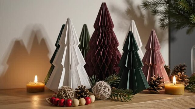 Festive Christmas decoration arrangement featuring paper origami trees, candles, pinecones, and holiday season decor.