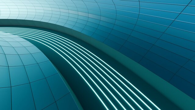 Abstract 3D render of a futuristic curved turquoise grid tunnel with glowing neon light lines on the pathway. Cyber technology background